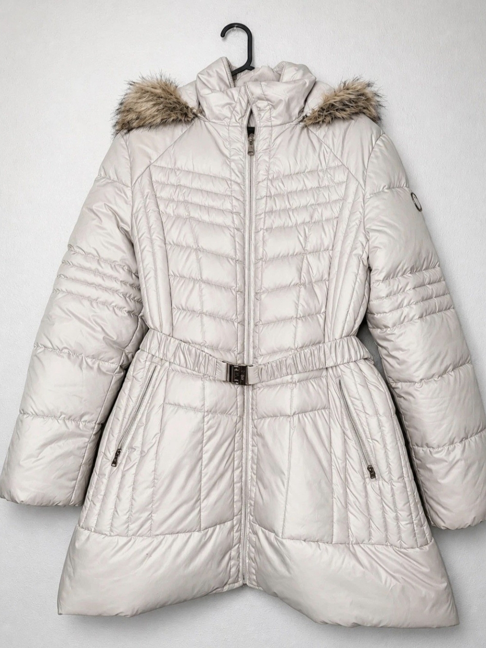 Guess Puffer Coat with Faux Fur Hood - Light Cream